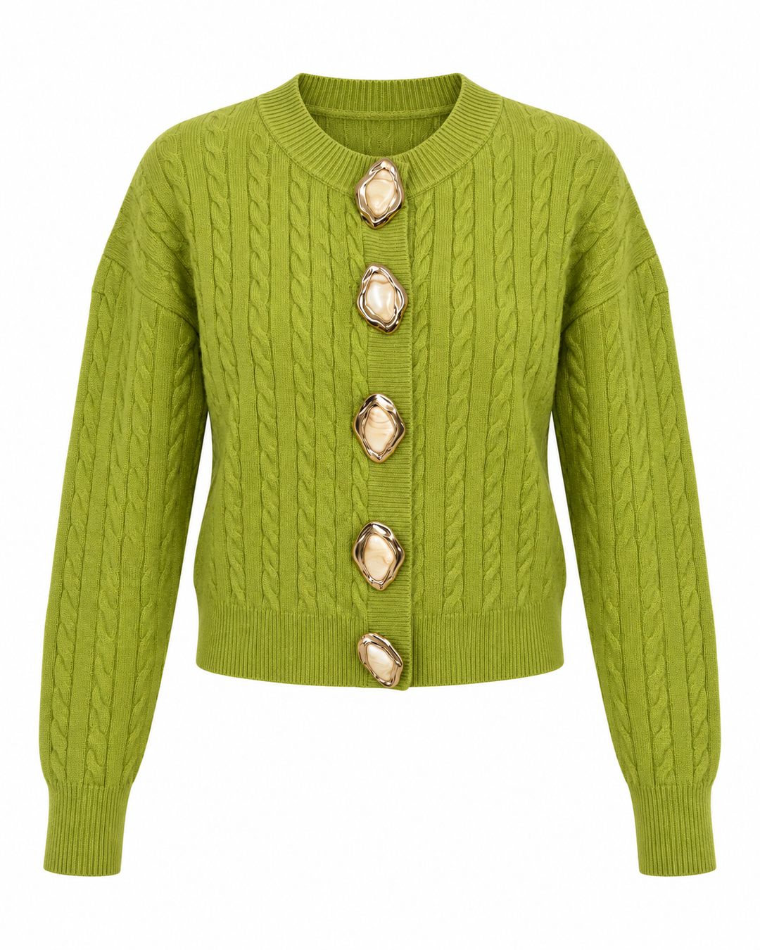 Gold & Pearl Statement Button Cable Knit Cardigan