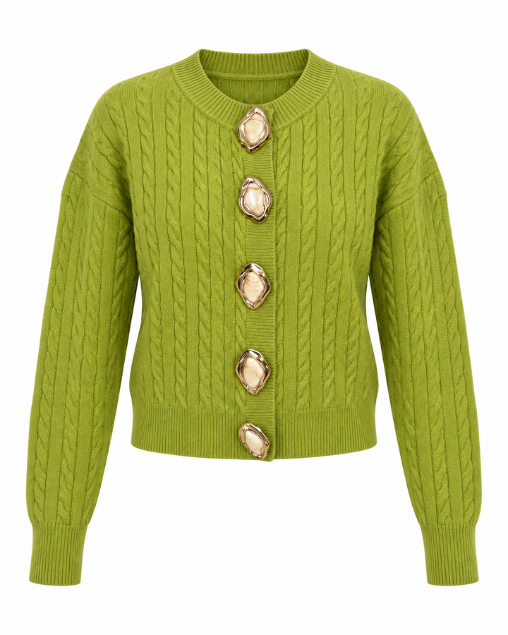 Gold & Pearl Statement Button Cable Knit Cardigan