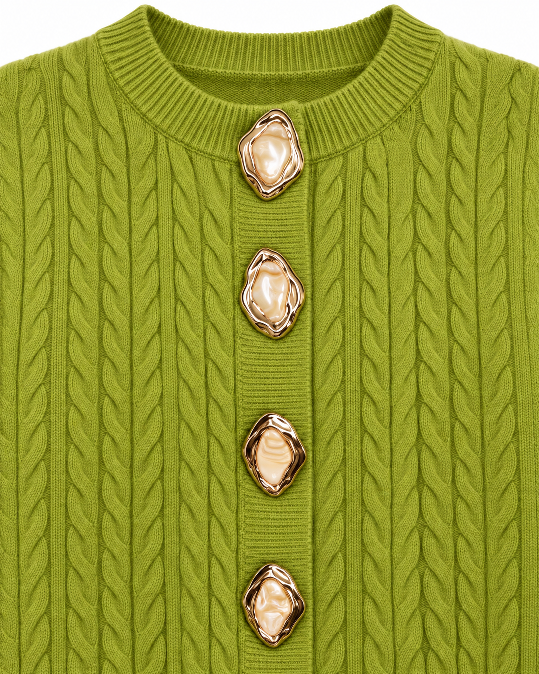 Gold & Pearl Statement Button Cable Knit Cardigan
