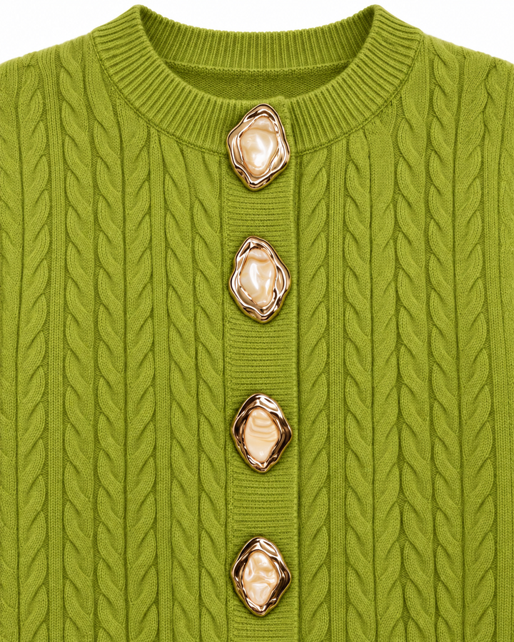 Gold & Pearl Statement Button Cable Knit Cardigan