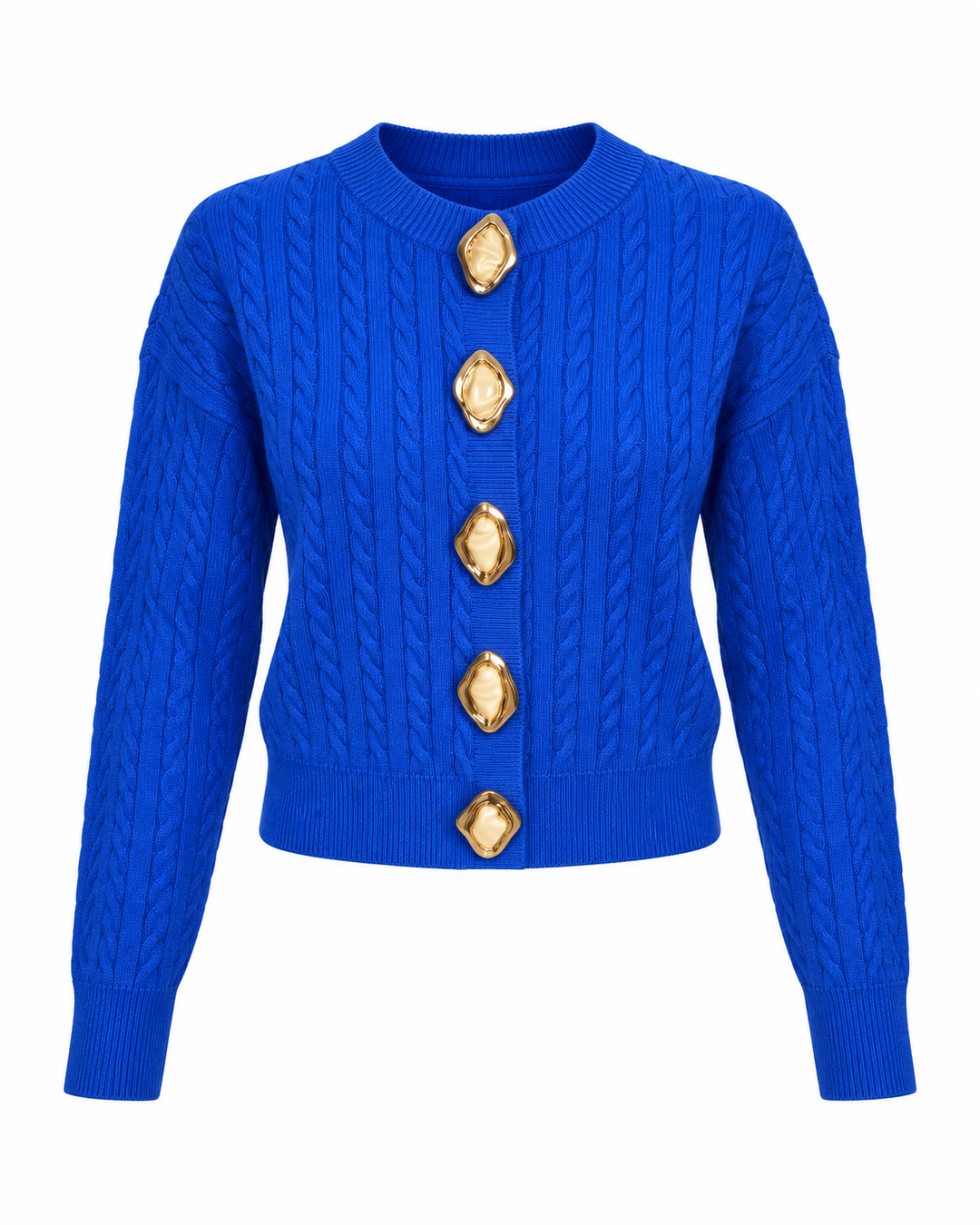 Gold & Pearl Statement Button Cable Knit Cardigan