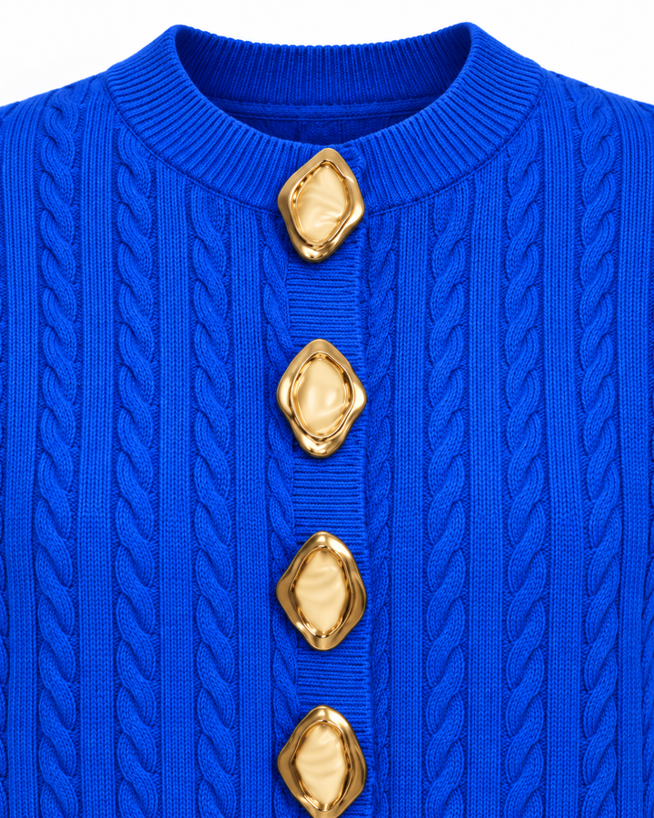 Gold & Pearl Statement Button Cable Knit Cardigan