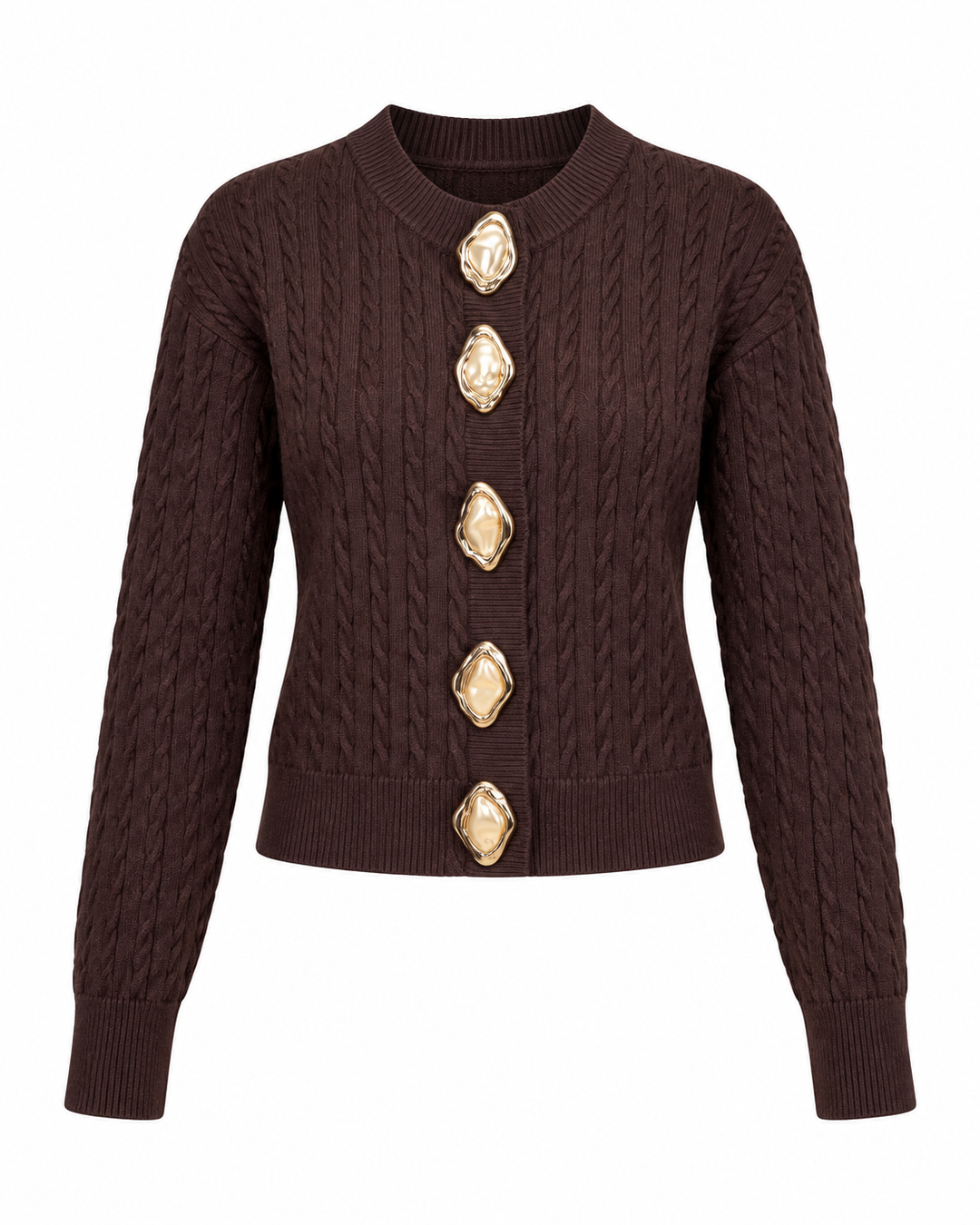 Gold & Pearl Statement Button Cable Knit Cardigan
