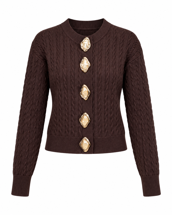 Gold & Pearl Statement Button Cable Knit Cardigan