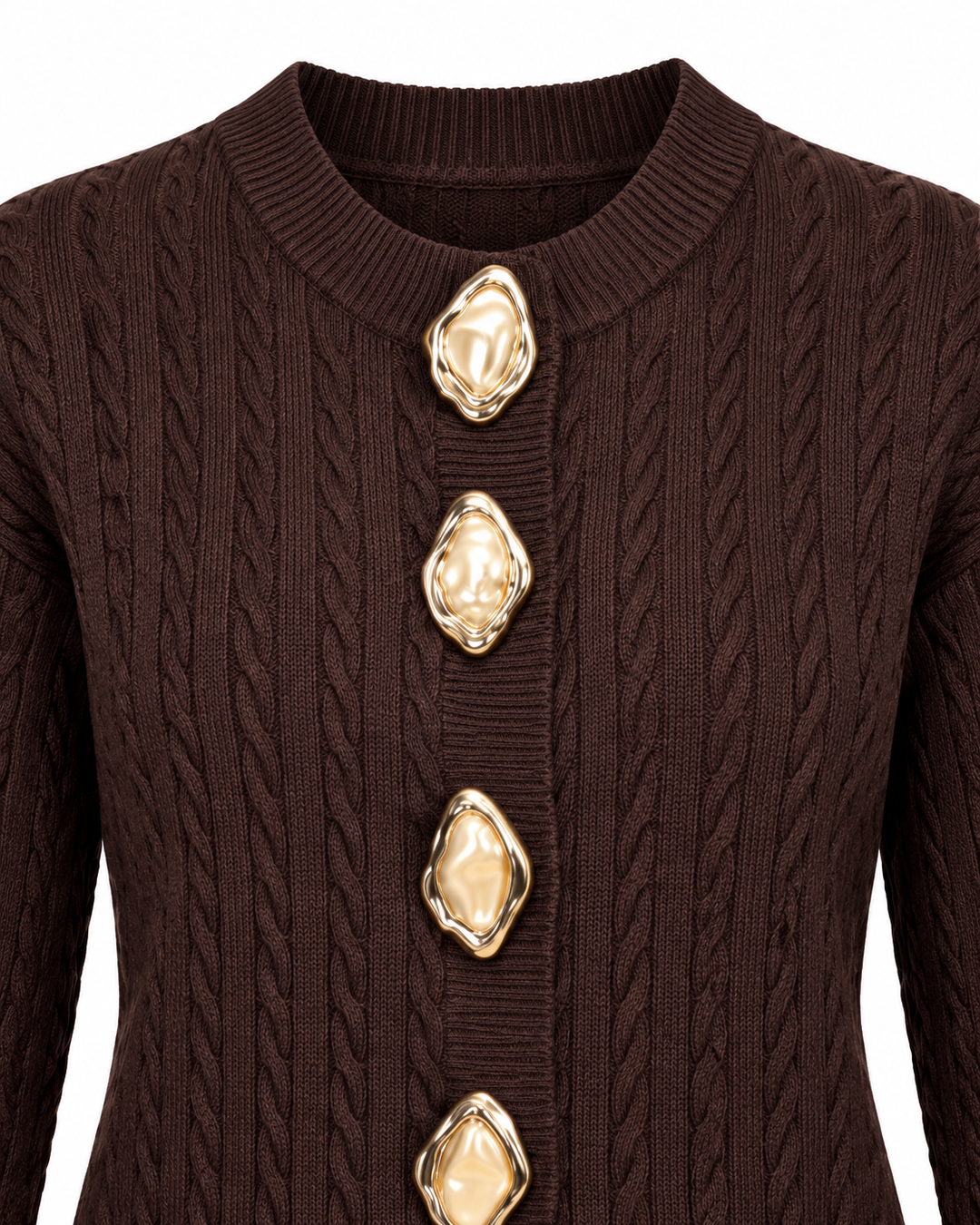 Gold & Pearl Statement Button Cable Knit Cardigan