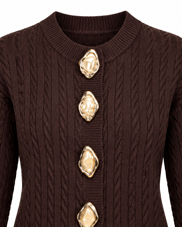 Gold & Pearl Statement Button Cable Knit Cardigan