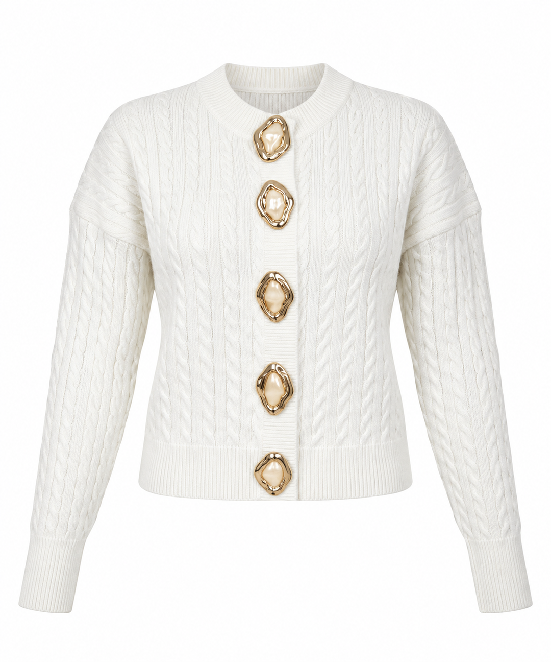 Gold & Pearl Statement Button Cable Knit Cardigan