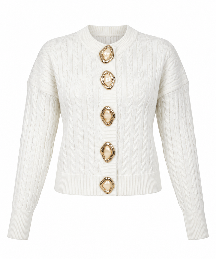 Gold & Pearl Statement Button Cable Knit Cardigan