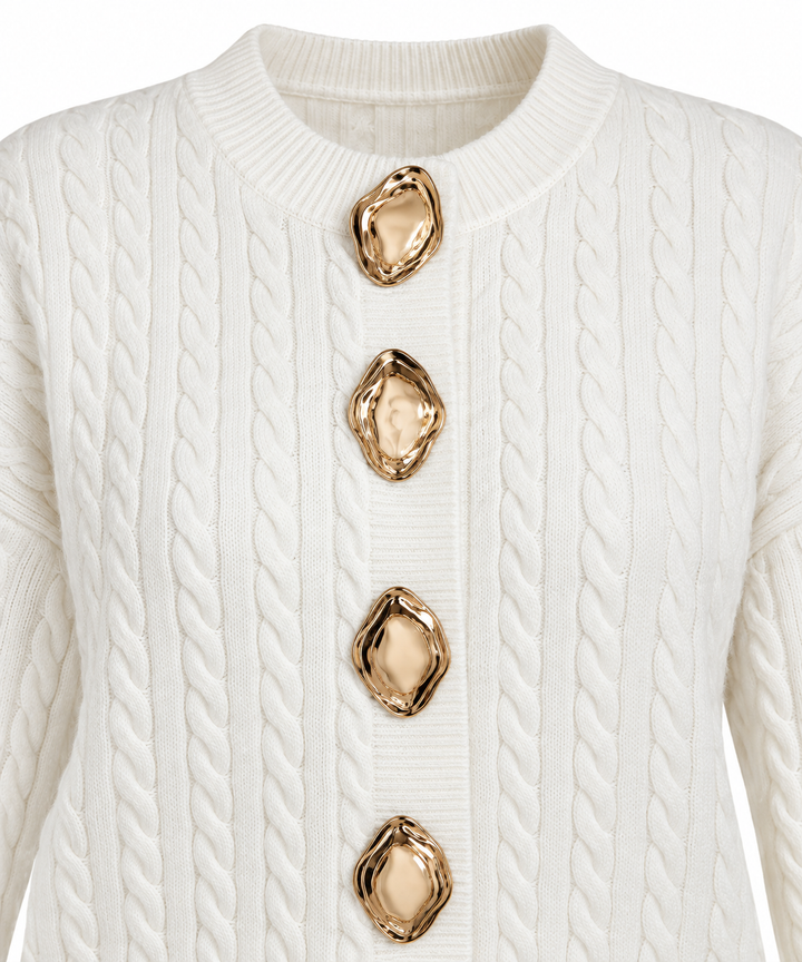 Gold & Pearl Statement Button Cable Knit Cardigan