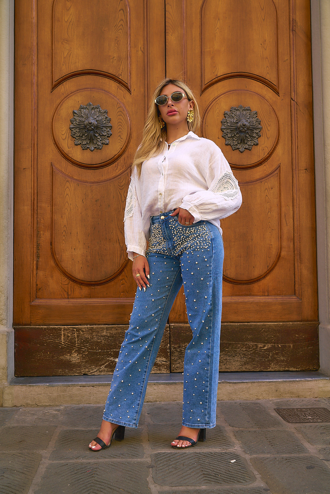 Pearl Detail Denim Pants
