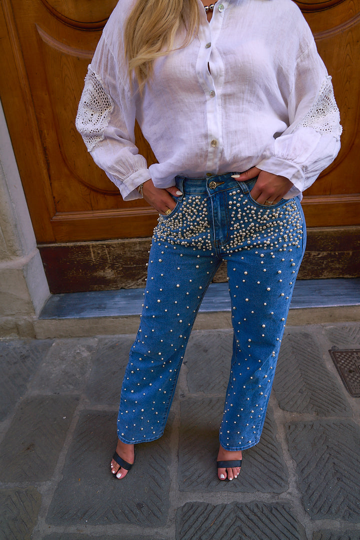 Pearl Detail Denim Pants