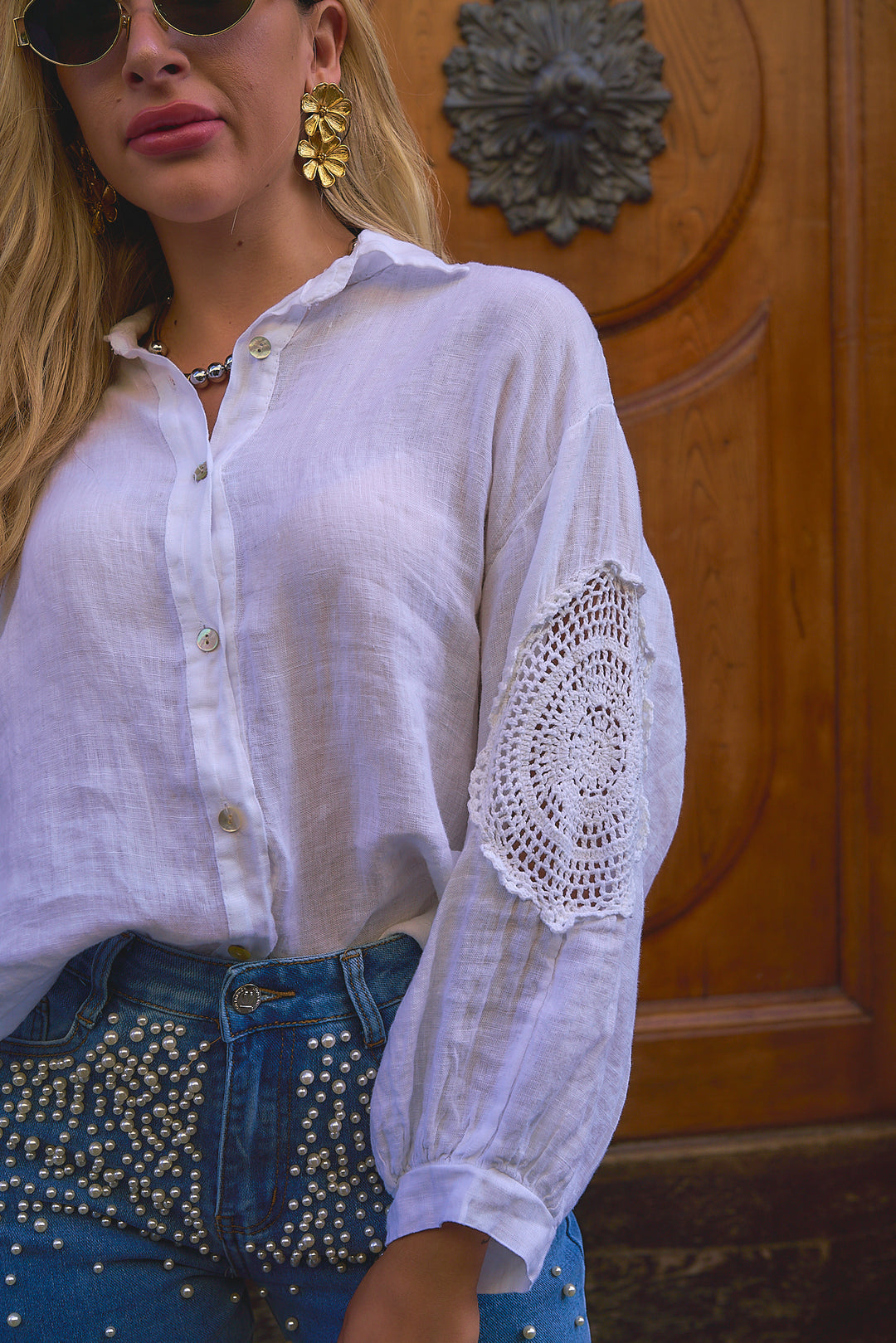 Collared Linen Top with Crochet