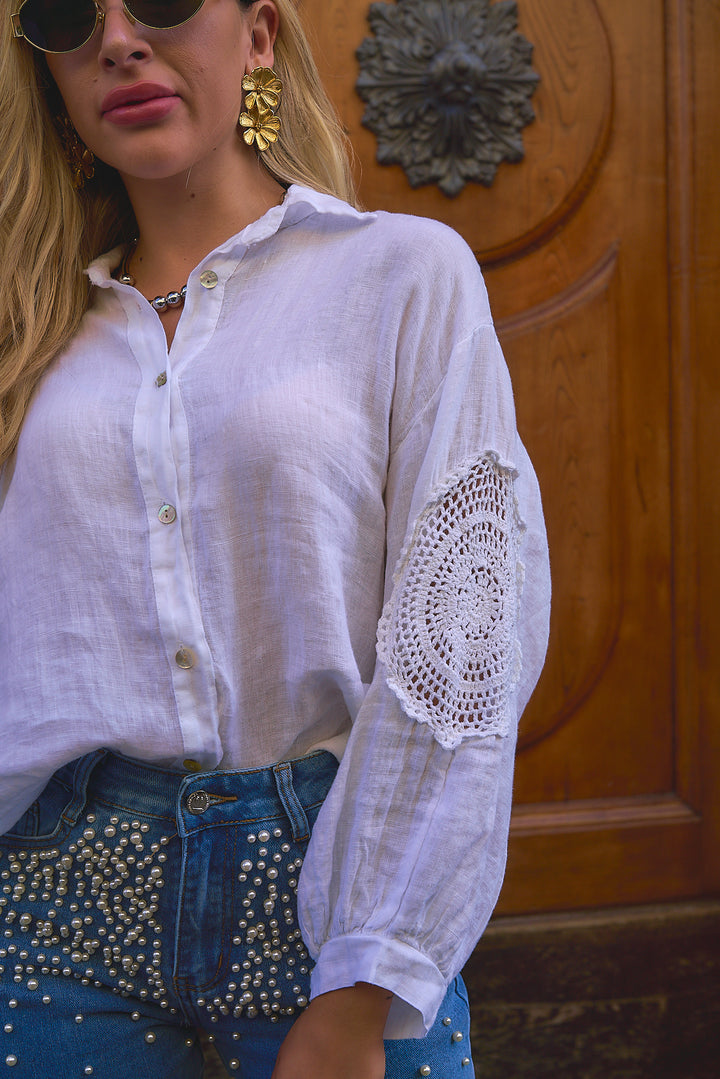 Collared Linen Top with Crochet