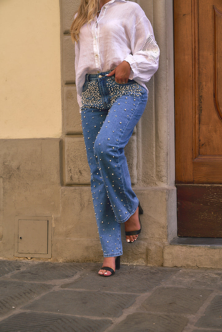 Pearl Detail Denim Pants