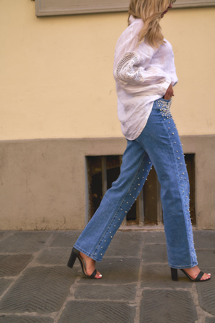 Pearl Detail Denim Pants