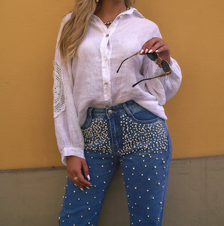 Collared Linen Top with Crochet