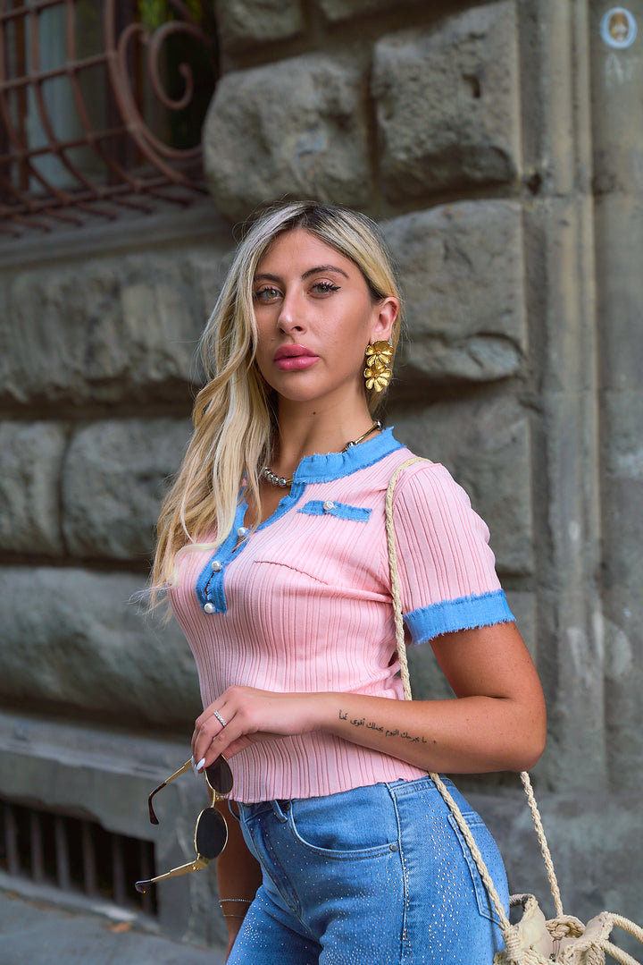 Knitted Top with Denim Detail