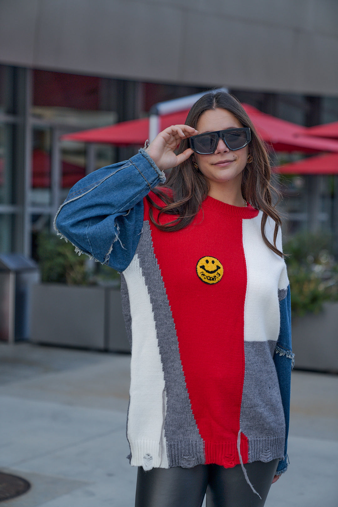 Happy Face Knitted Denim Sleeve Sweater
