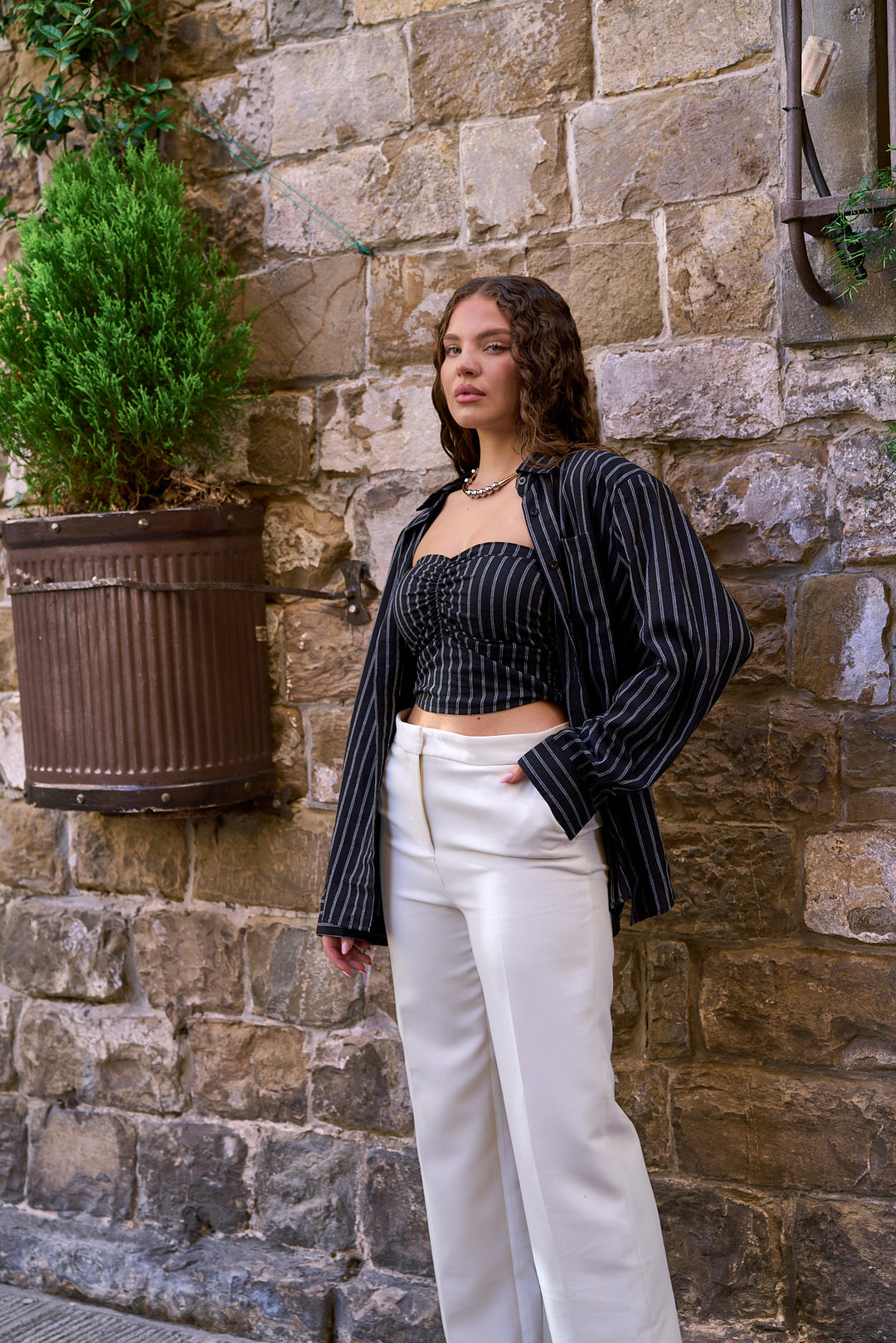 Striped  2 Piece Crop Top and Shirt Set