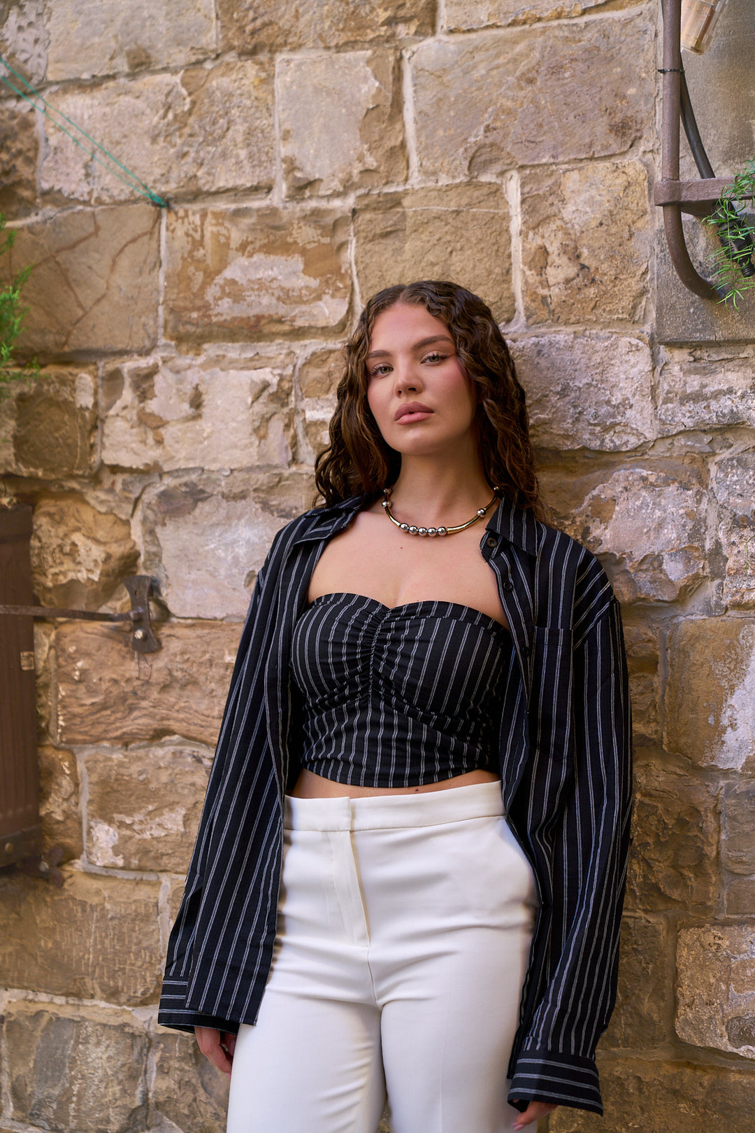 Striped  2 Piece Crop Top and Shirt Set