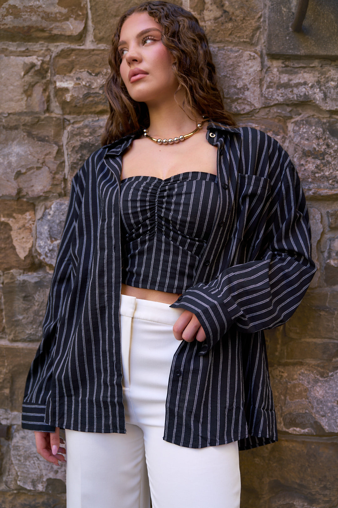 Striped  2 Piece Crop Top and Shirt Set