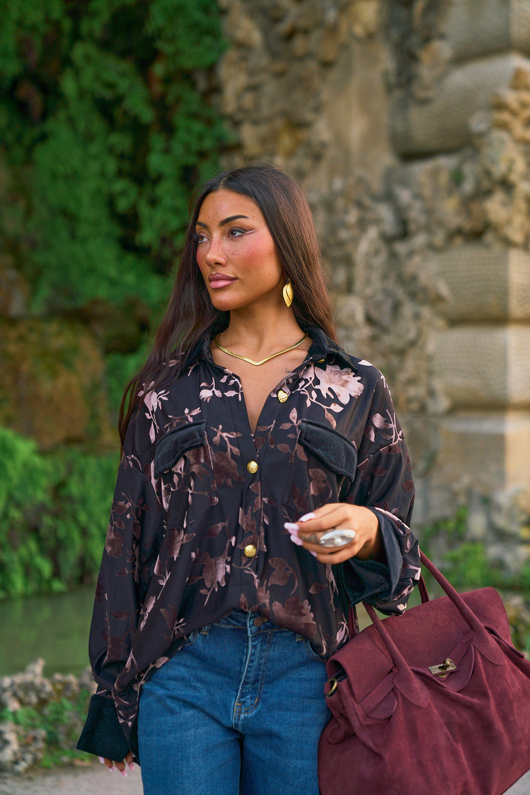 Floral Printed Velvet Oversize Top