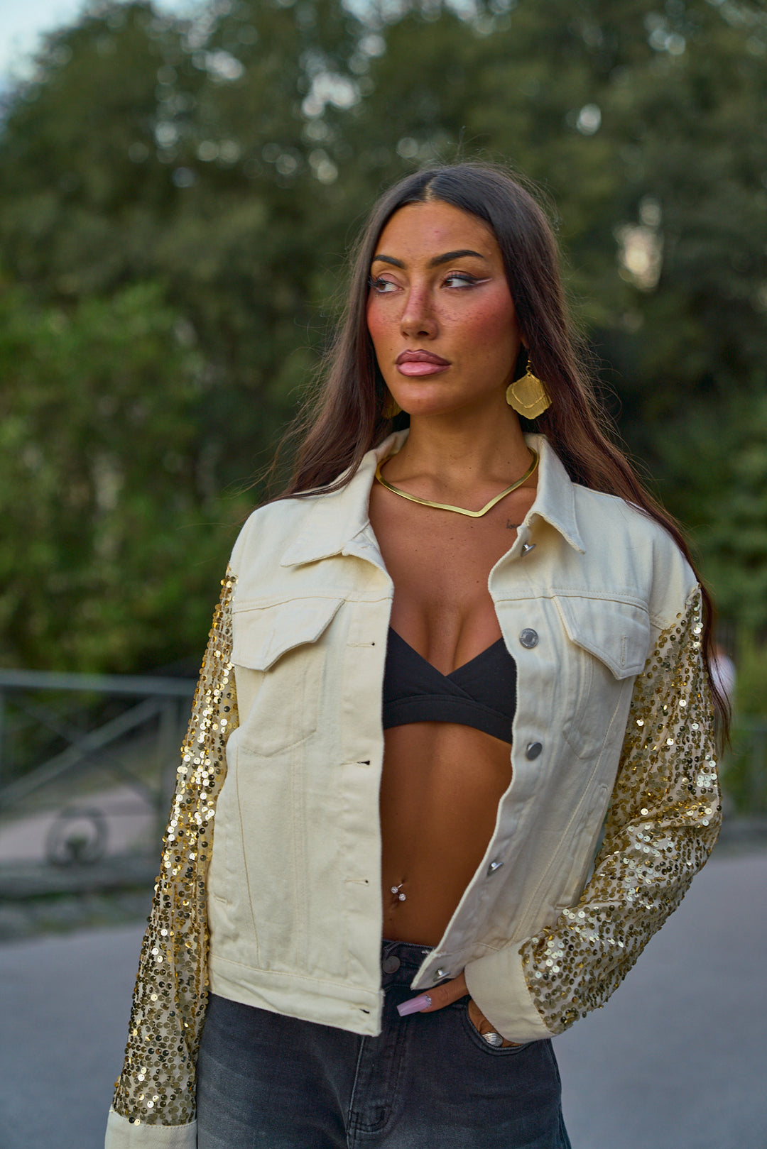 Sequin Sleeve Denim Jacket