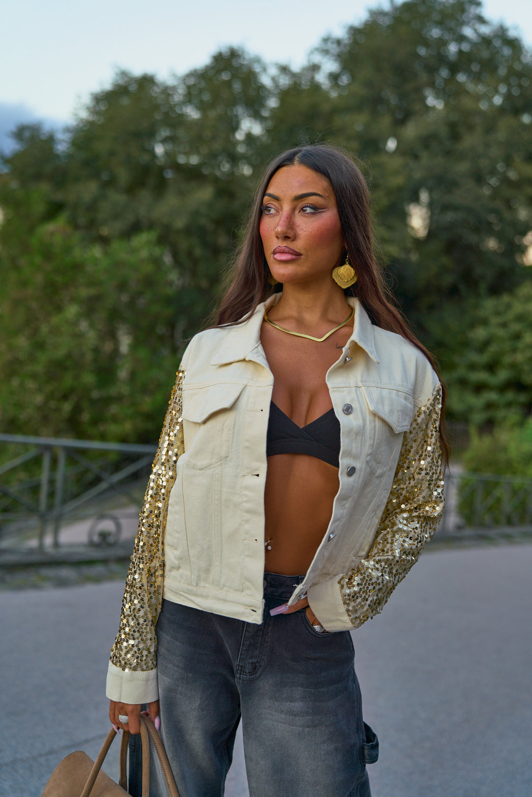 Sequin Sleeve Denim Jacket