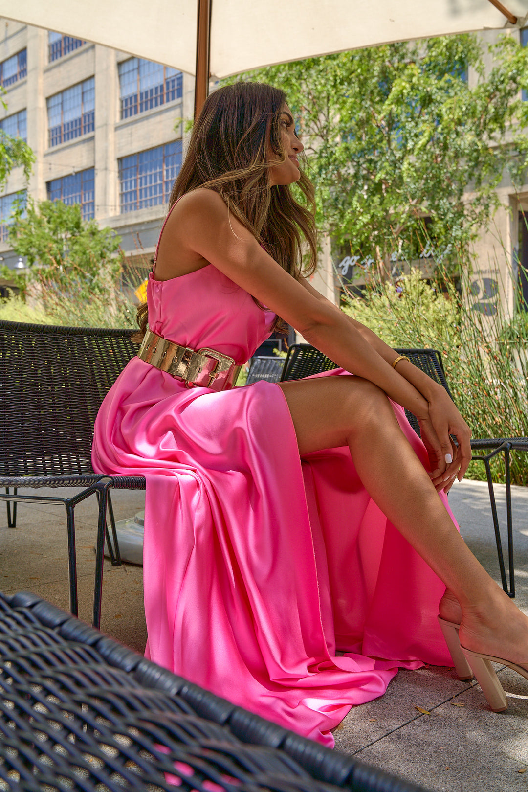 satin slit maxi dress Blue Satin Maxi Dress: V-neck Sleeveless With High Slit