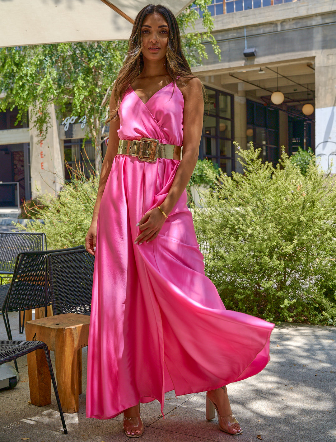 satin slit maxi dress Eden Silk Ruffle Slit Maxi Dress