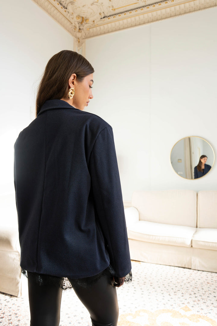 Tailored Single-Button Blazer with Lace Trim