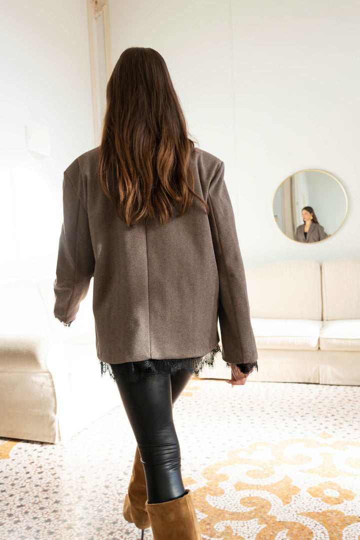 Tailored Single-Button Blazer with Lace Trim