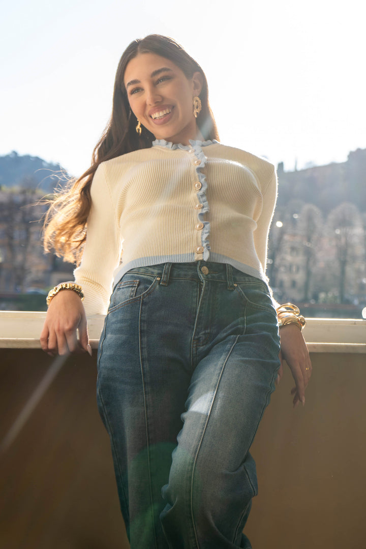 Ribbed Knit Cardigan with Ruffle Trim