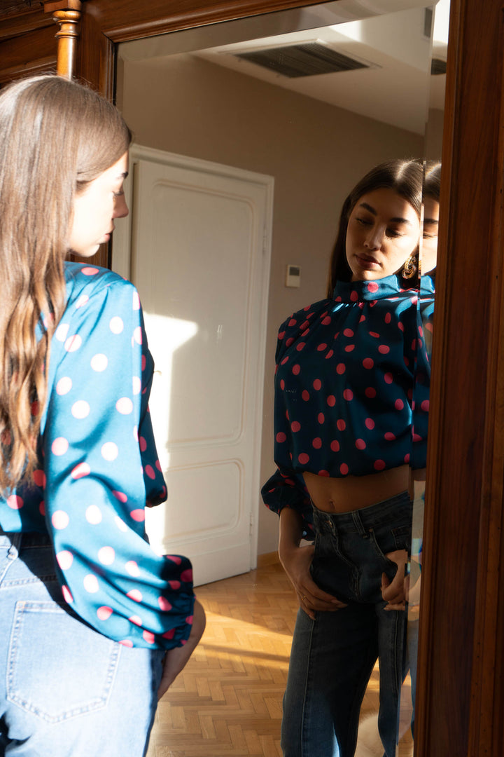 Polka Dot High-Neck Cropped Satin Blouse