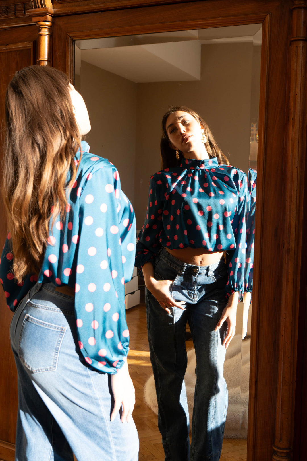 Polka Dot High-Neck Cropped Satin Blouse