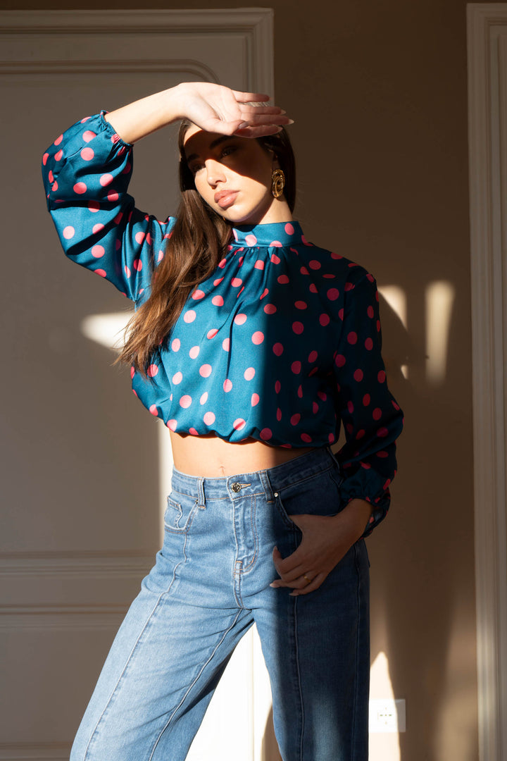 Polka Dot High-Neck Cropped Satin Blouse
