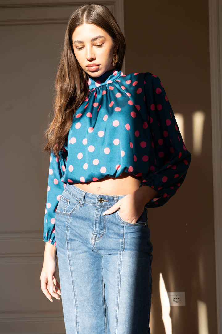 Polka Dot High-Neck Cropped Satin Blouse