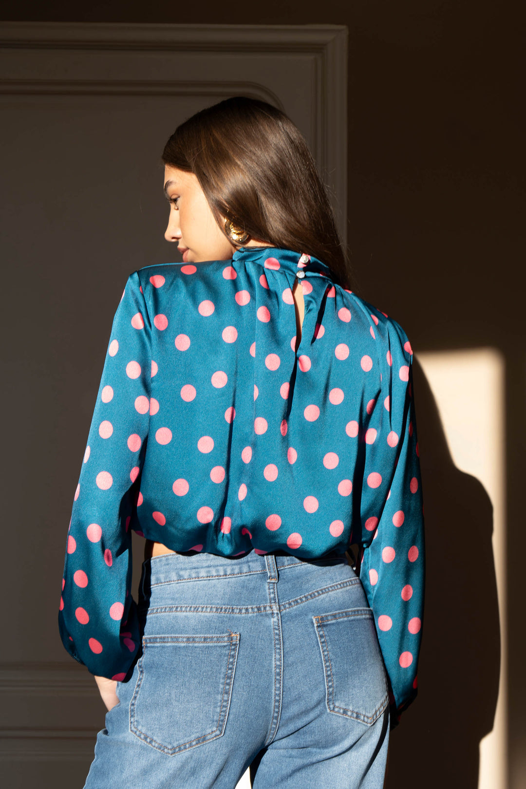 Polka Dot High-Neck Cropped Satin Blouse