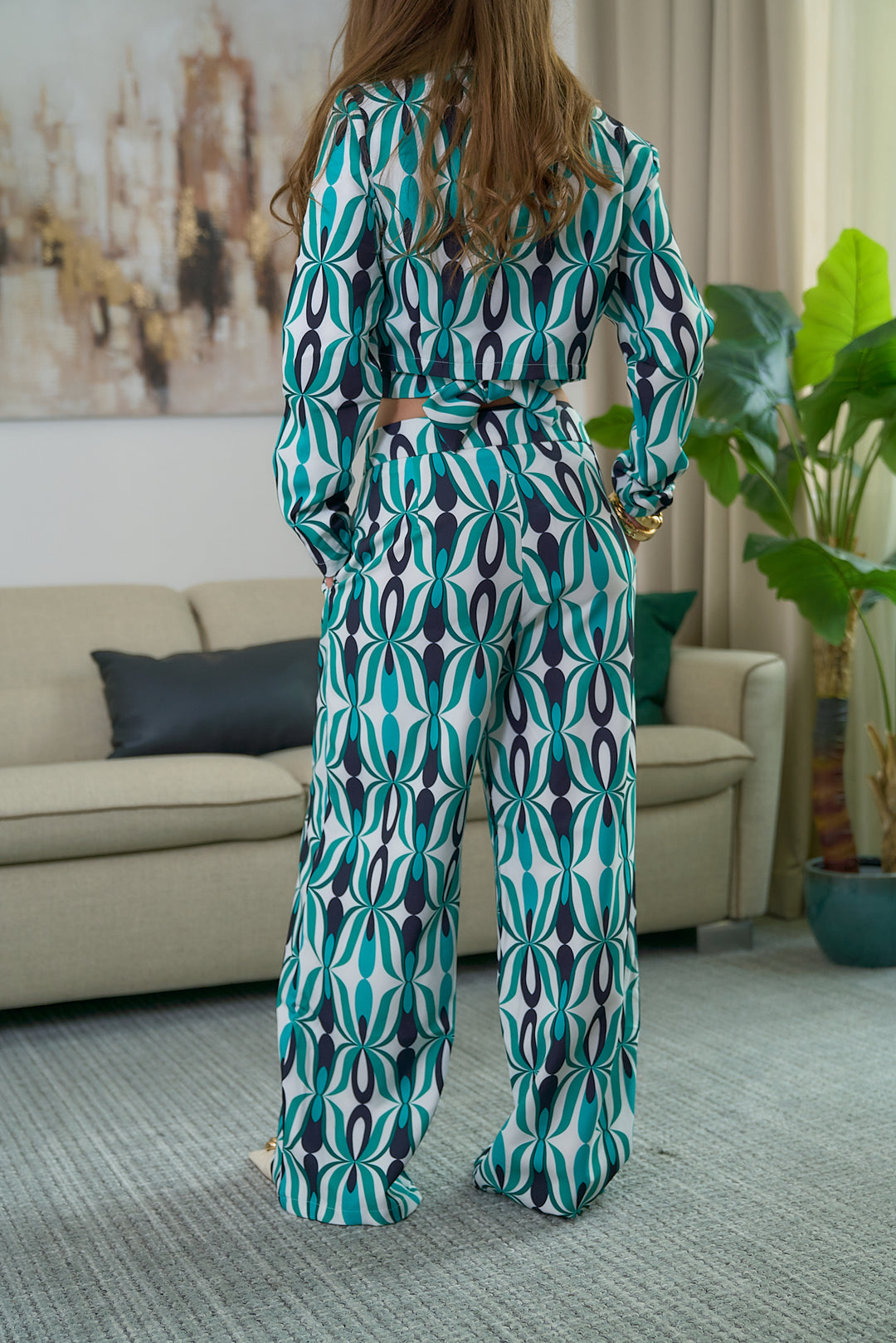Printed Crop Top and Wide-Leg Pants Set