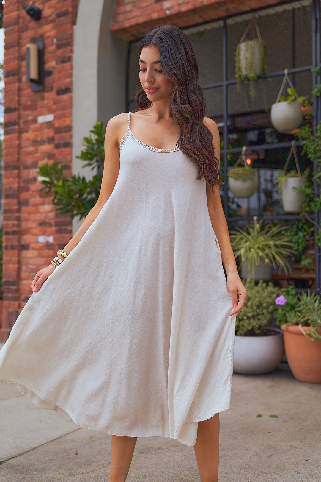 Linen Flowy Midi Dress L / BurlyWood Linen Flowy Midi Dress L / BurlyWood