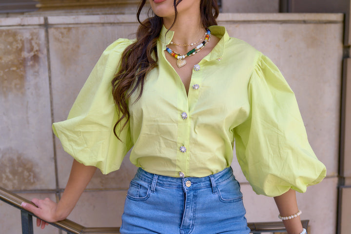 Puff Sleeve with Flower Buttons Detail Top