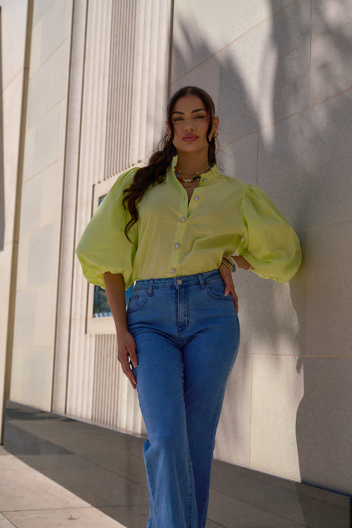 Puff Sleeve with Flower Buttons Detail Top