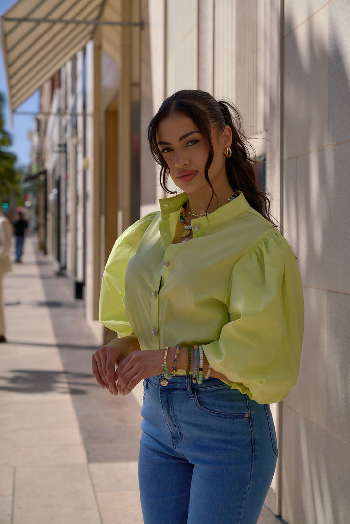 Puff Sleeve with Flower Buttons Detail Top