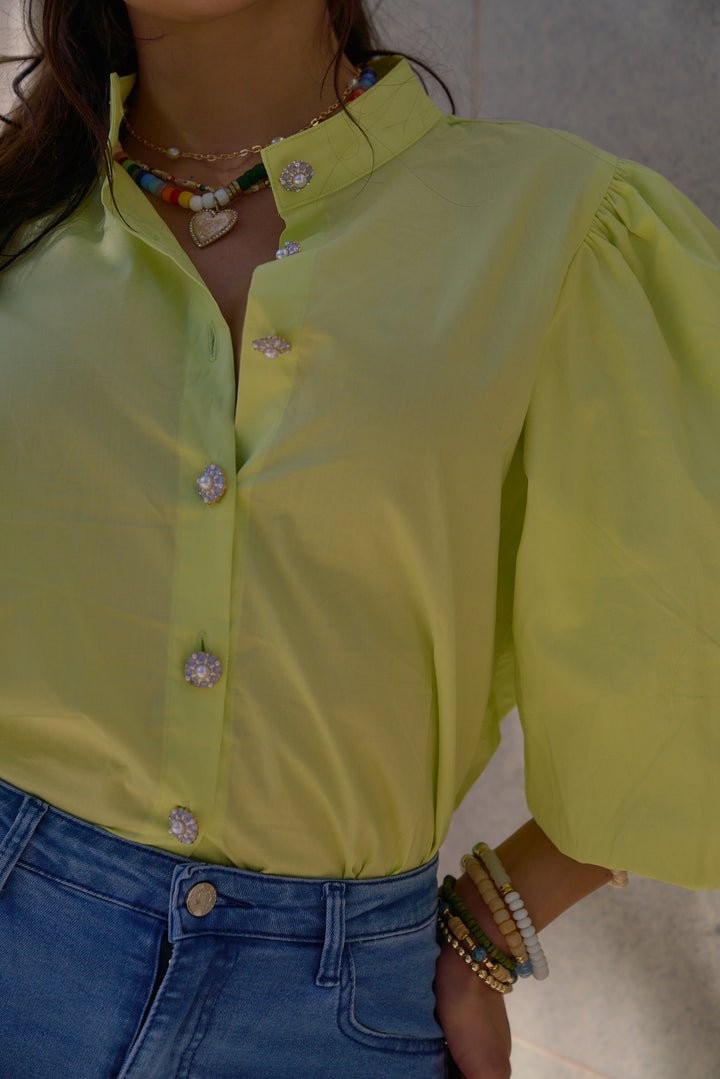 Puff Sleeve with Flower Buttons Detail Top