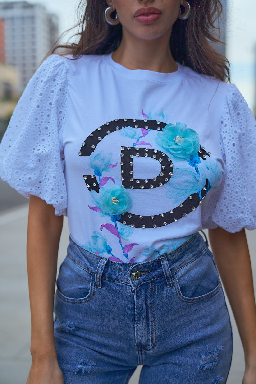 3D Flower with Eyelet Sleeve T-Shirt
