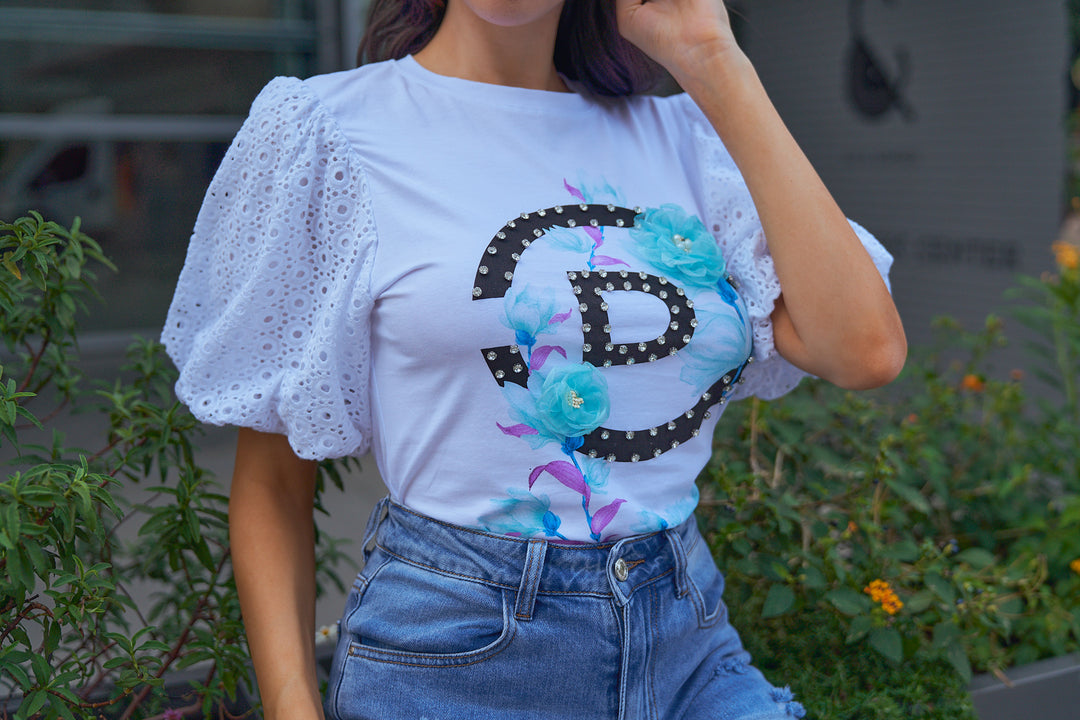 3D Flower with Eyelet Sleeve T-Shirt