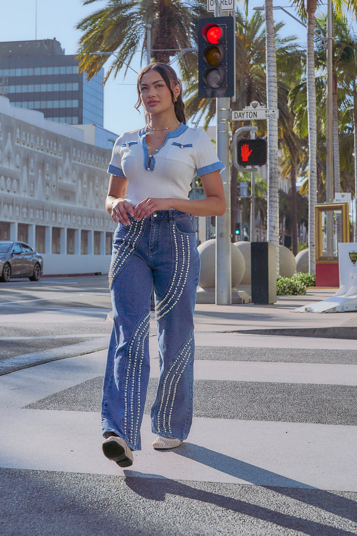 Pearl Embellished Straight Leg Denim Pants