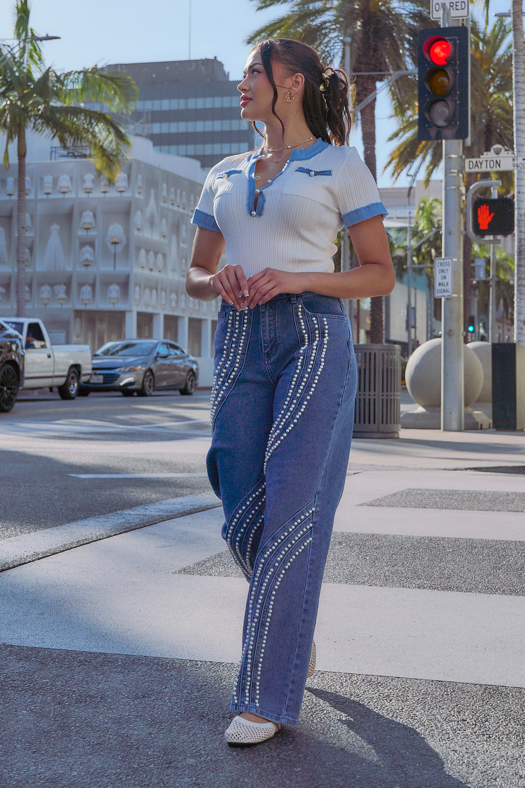 Pearl Embellished Straight Leg Denim Pants