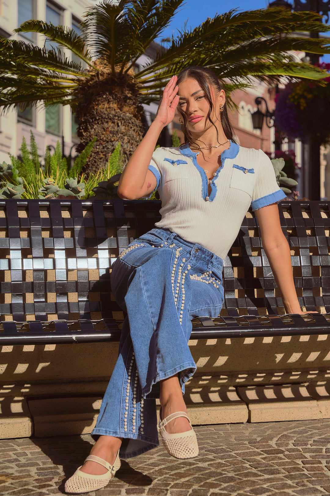 Knitted Denim Detail Top