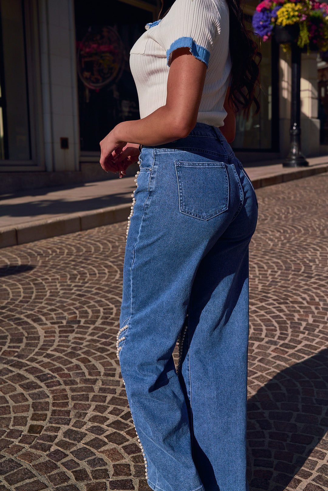 Pearl Embellished Straight Leg Denim Pants